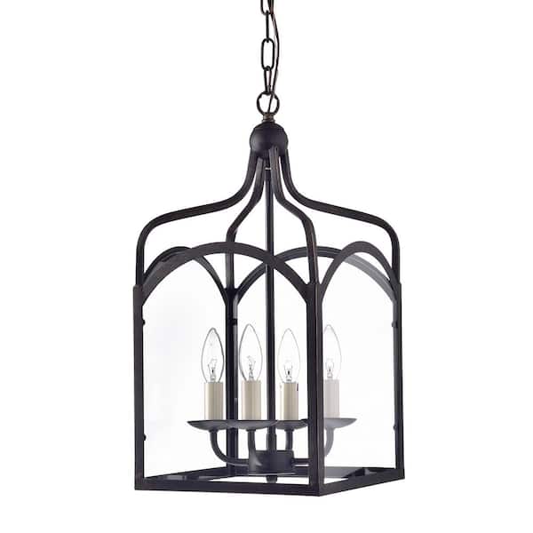 Edvivi Renzo Traditional 4-Light Modern Farmhouse Antique Bronze Lantern Chandelier with Clear Glass Panels