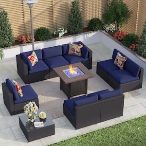 Dark Brown Rattan Wicker 8 Seat 10-Piece Steel Outdoor Fire Pit Patio Set with Blue Cushions and Square Fire Pit Table