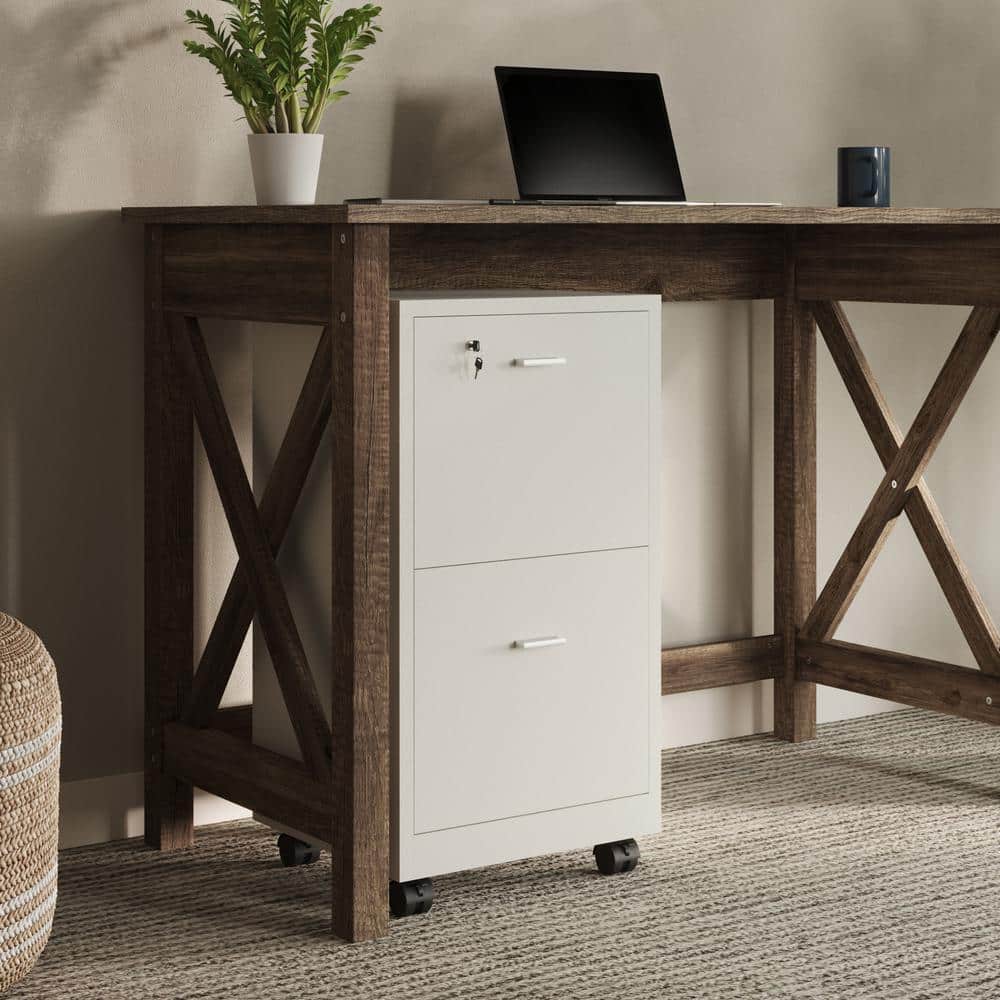 White Mobile 2-Drawer Lockable File Cabinet with Wheels