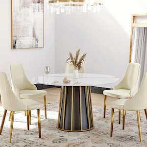 53.15 in. White Sintered Stone Round Tabletop Black Pedestal Base Kitchen Dining Table (Seats 6)