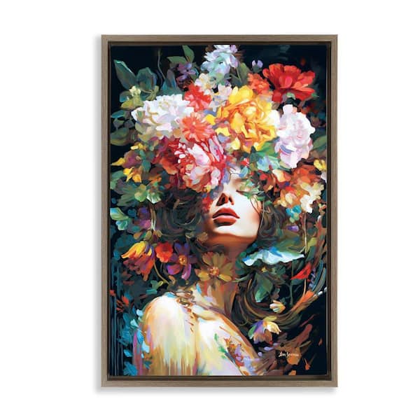 Stupell Industries Rose Bedecked Woman by Leon Devenice Brown Floater Frame Nature Graphic Art Print 31 in. x 21 in.