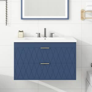 Ami 30 in. W x 18 in. D x 19 in. H Single Sink Floating Bath Vanity in Navy Blue With White Resin Top