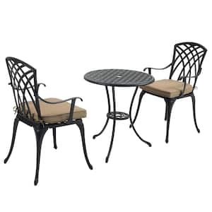 Black 3-Piece Cast Aluminum Round Outdoor Bistro Set with Umbrella Hole and Brown Cushions