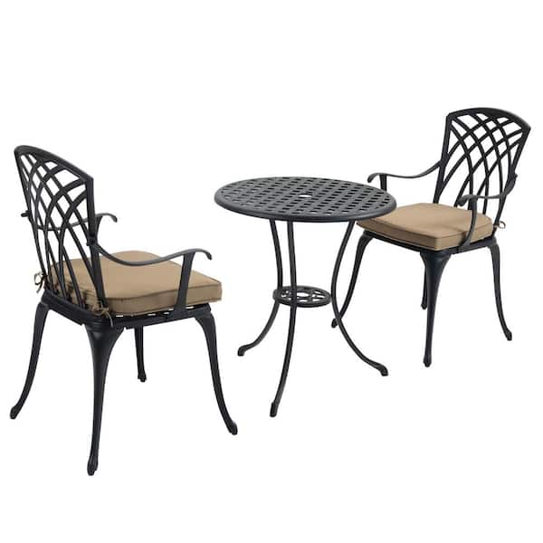 Unbranded Black 3-Piece Cast Aluminum Round Outdoor Bistro Set with Umbrella Hole and Brown Cushions