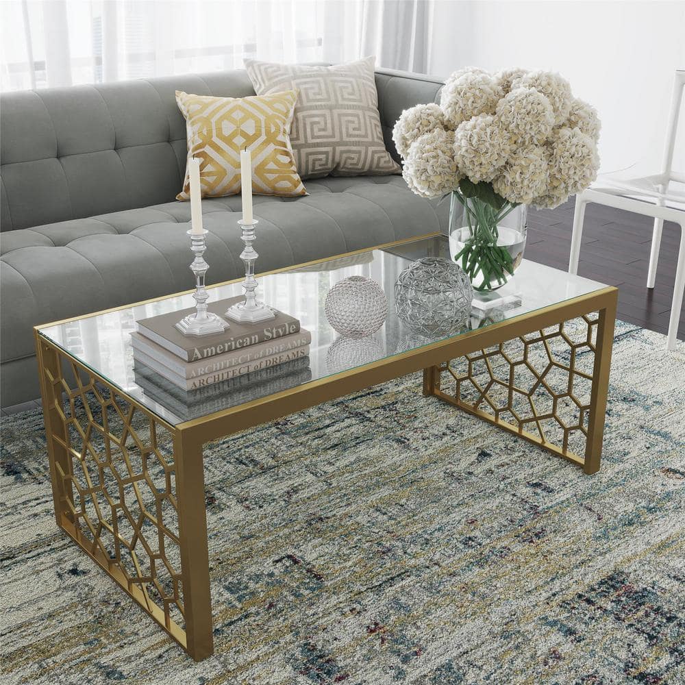 Juliette Brass-Finished Metal & Tempered Glass Rectangular Coffee Table