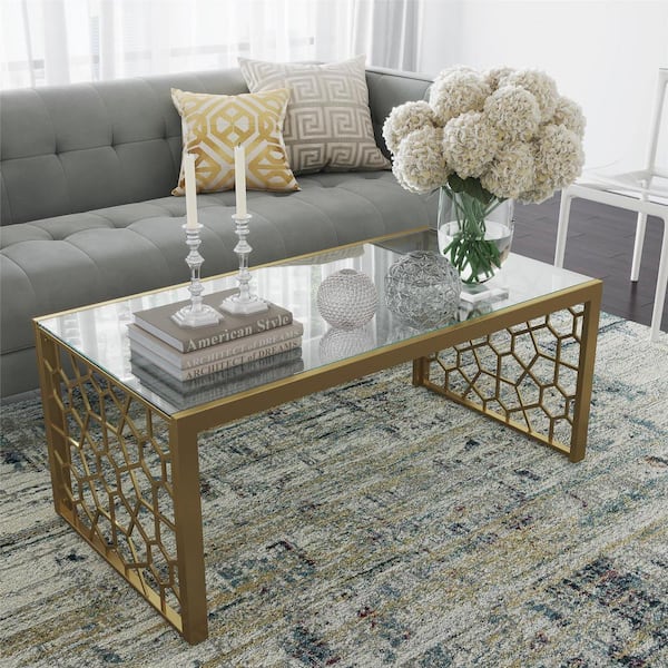 Juliette 46 in. Brass Rectangle Glass Top Coffee Table