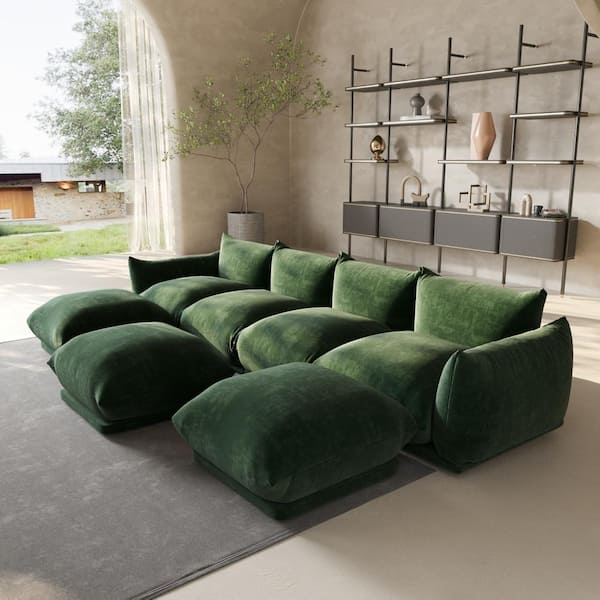 Modern 131 in. Flared Arm 7-Piece Chenille 4 Seater Modular Convertible Couch Sectional Sofa with 3 Ottomans in. Green