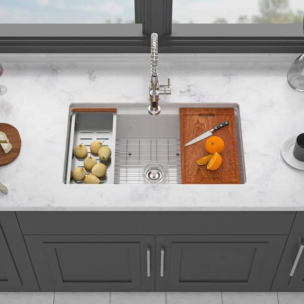 33 in. Undermount Single Bowl White Ceramic Kitchen Sink with Workstation