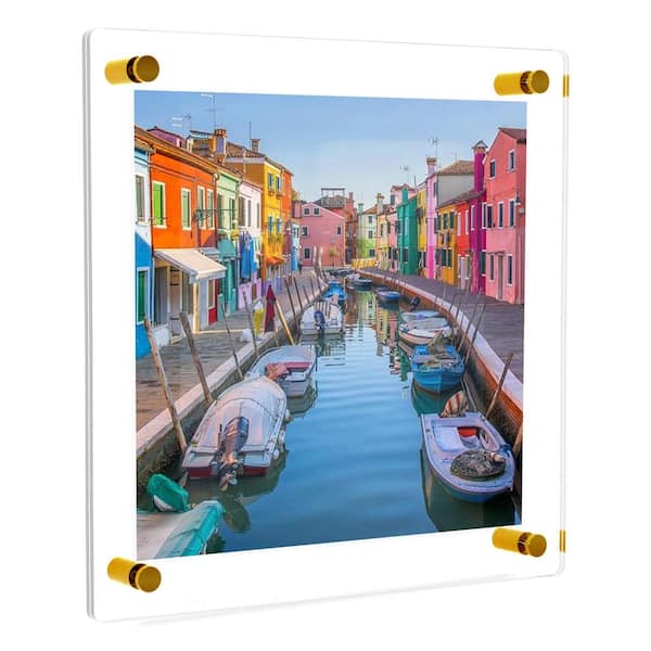 Fab Glass and Mirror 15 in. x 15 in. Square Double Acrylic Picture Frame with Gold Wall Mounted Magnet Best for 12 in. x 12 in. Art Size
