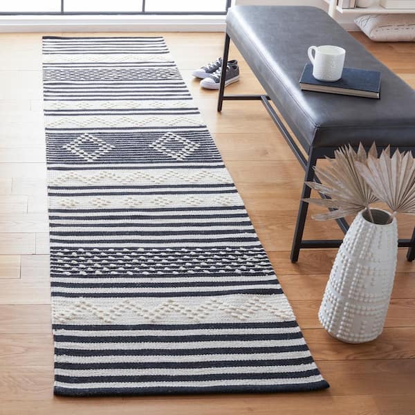 Striped Kilim Black Ivory 2 ft. x 9 ft. Striped Runner Rug