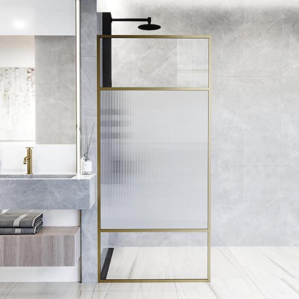 VIGO Essex 34 in. W x 74 in. H Framed Fixed Shower Screen Door in Matte Brushed Gold with 3/8 in. Fluted & Clear Glass