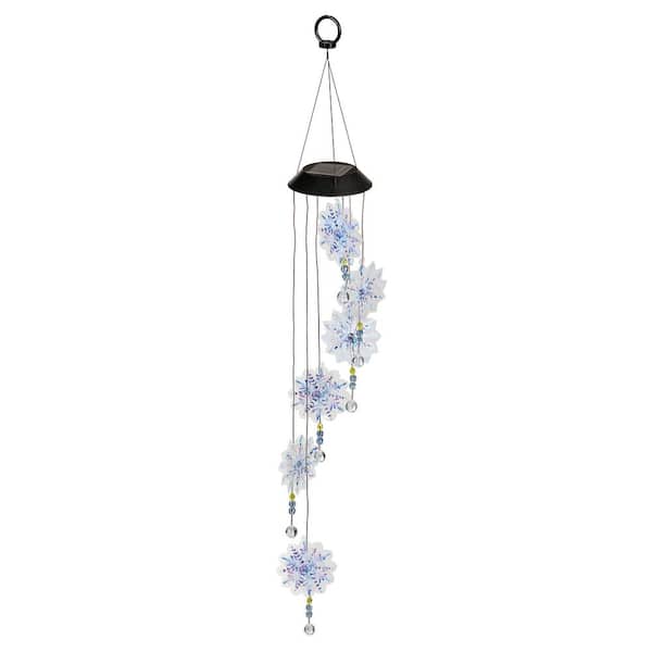 26 in. White Metal Solar Powered Frosted Snowflake Mobile Wind Chime Spinner