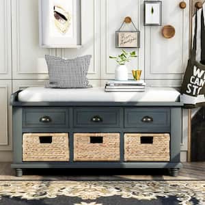 42.1 in. L x 15.4 in. W x 18.7 in. H Rustic Blue Storage Bench with 3-Drawers and 3-Rattan Baskets