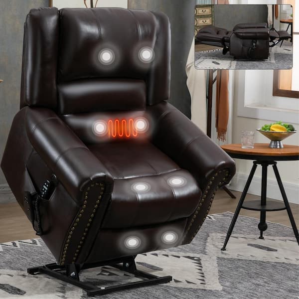 Brown Faux Leather Recliner Heat Massage Dual Motor Infinite Position Up Recliner with USB Port