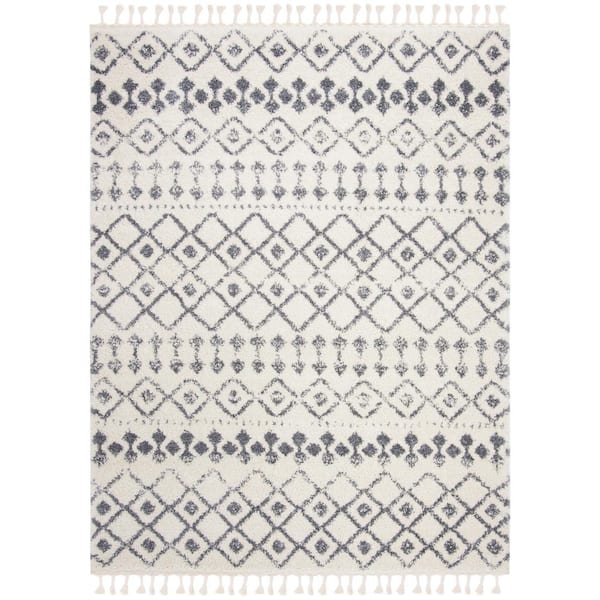 Berber Fringe Shag Cream/Dark Gray 8 ft. x 10 ft. Diamond Striped Ikat Area Rug