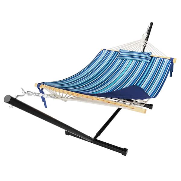 VEIKOUS 2-Person Blue Stripes 12 ft. Heavy-Duty Hammock with Stand and Detachable Pillow, 450 lbs. Capacity