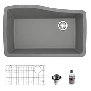 Grey Quartz/Granite Composite 33 in. Single Bowl Undermount Kitchen Sink with Accessories