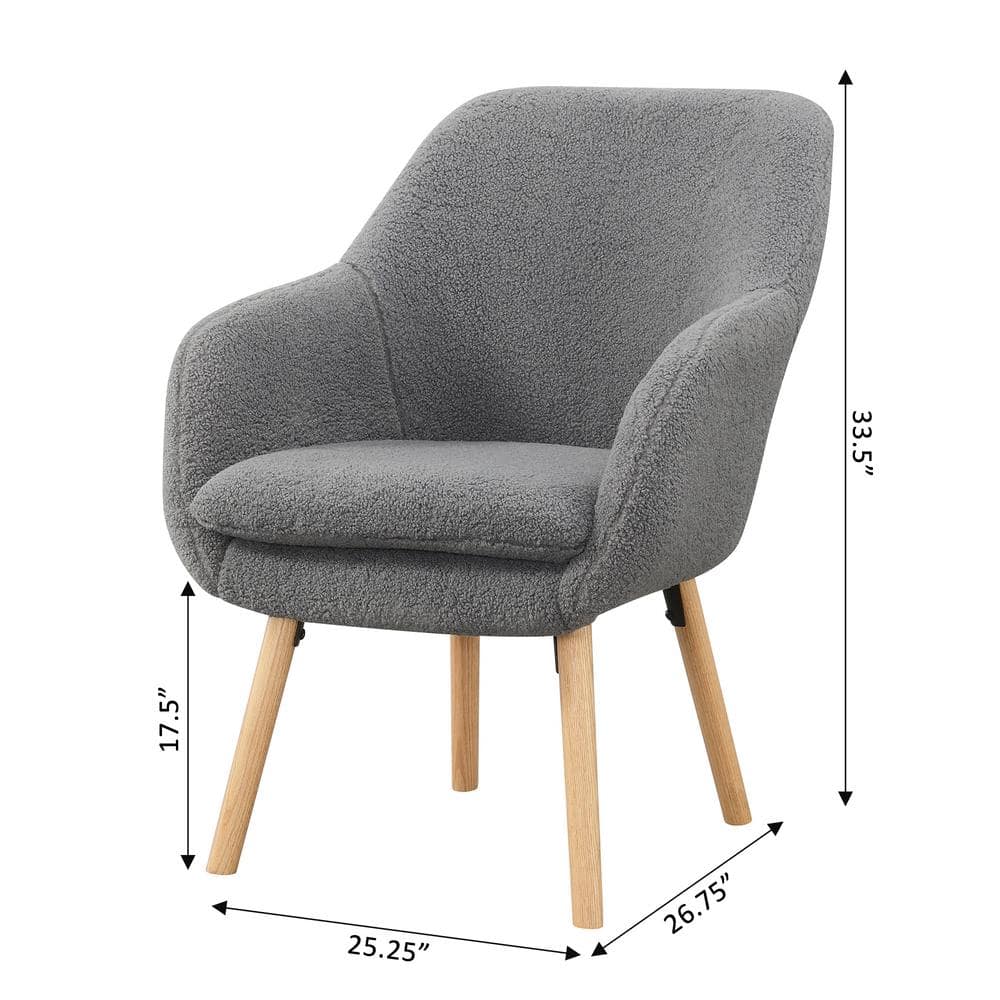 Gray Sherpa Wood Accent Chair with Detachable Cushion