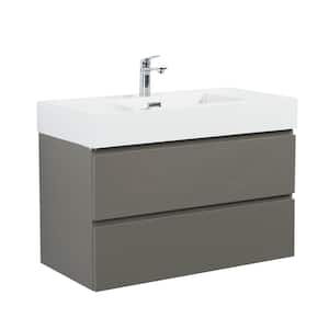 36 in. Single Sink Wall Mounted Space Gray Bath Vanity with White Solid Surface Top Unassembled