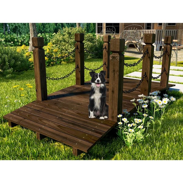 FUFU&GAGA 5 ft. Decorative Wooden Garden Bridge, Arch Bridge with Chain Railings for Outdoor, Backyard, Lawn, Pond, Farm Garden