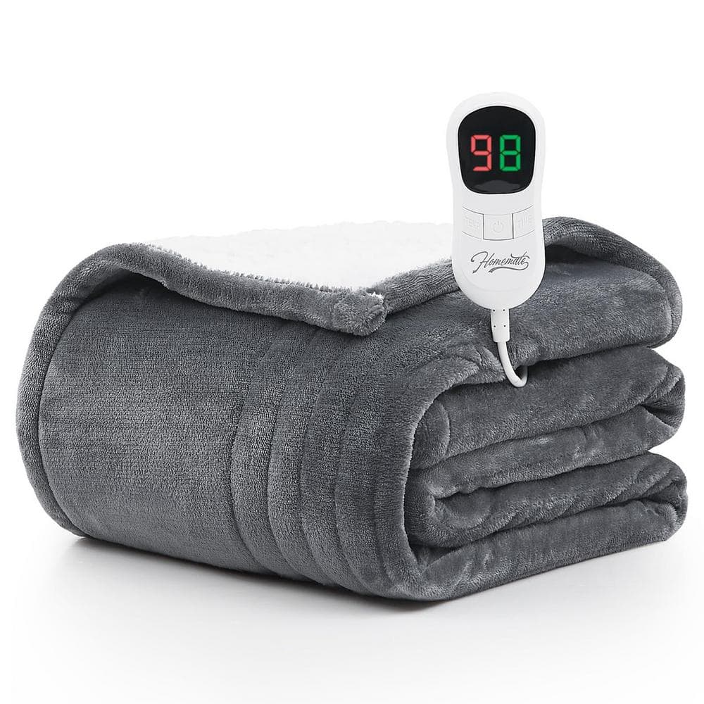 Light Gray 50 in. x 60 in. Flannel Sherpa Electric Throw Blanket with 10 He
