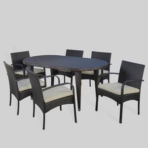 Carter Multi-Brown 7-Piece Faux Rattan Outdoor Dining Set with Creme Cushions