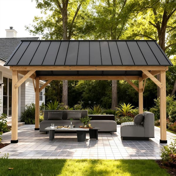 13 ft. x 15 ft. Outdoor Cedar Wood Frame Hardtop Gazebo with Galvanized Steel Roof and Ceiling Hook