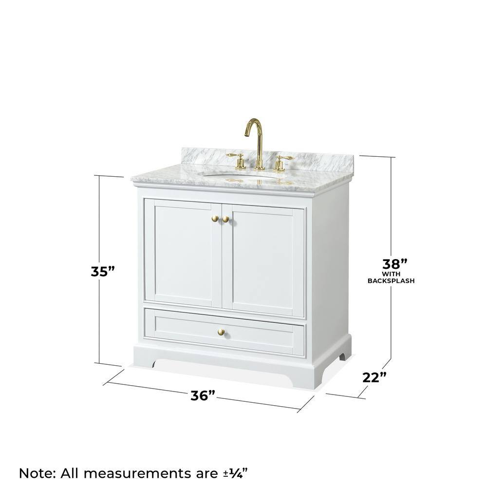 Deborah 36'' White Single Bathroom Vanity with Carrara Marble Top and Gold Trim