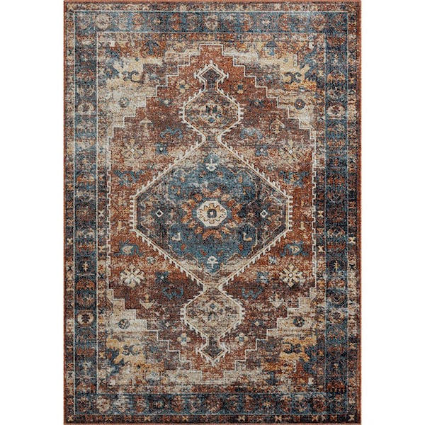 Unbranded Lara Carribean Sea Blue/Adobe Orange 5 ft. x 7 ft. Contemporary Distressed Bordered Medallion Machine-Washable Area Rug