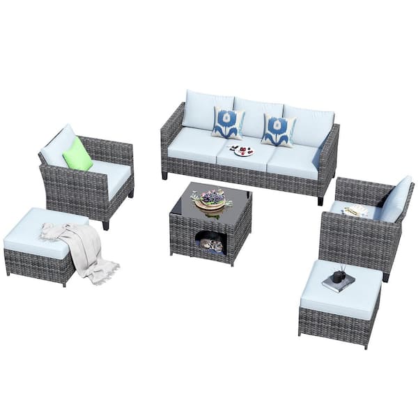 XIZZI Moxie Gray 6-Piece Wicker Outdoor Patio Conversation Seating Set with Gray Cushions