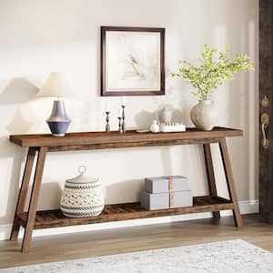 Turrella 70.9 in. Farmhouse Brown Rectangle Wood Extra Long Narrow Console Table Sofa Couch Table