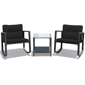 3-Piece Rattan Patio Conversation Set with Rocking Chair, Glass Table Top and Black Cushions