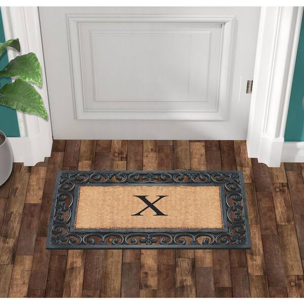 A1 Home Collections A1hc Markham Picture Frame Black/Beige 30 in. x 60 in. Coir and Rubber Flocked Large Outdoor Monogrammed G Door Mat