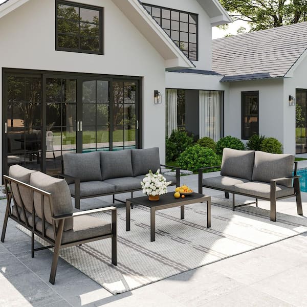 Poteban Gray Aluminum Frame 4-Piece 7-Person Outdoor Conversation Set with Gray Cushions