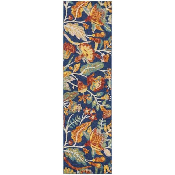 2 ft. x 8 ft. Blue Floral Washable Area Rug