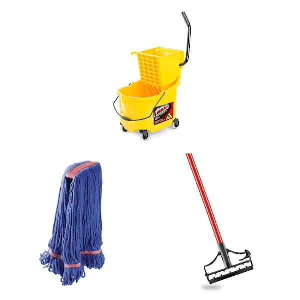 32 Qt. Mop Bucket and Wringer with Large String Mop Head (Blue) and 60 in. Steel Mop Handle Combo