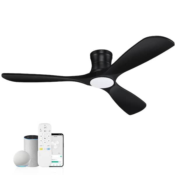 52 in. Smart Outdoor Indoor Black Flush Mount Ceiling Fans with Lights Remote, WIFI Alexa App workable, Quiet DC Motor
