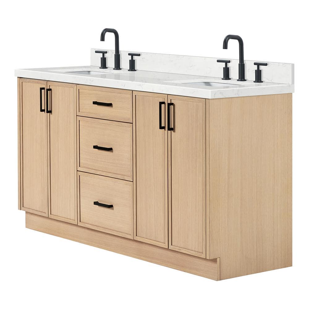 Kelly 66" Oak Double Sink Vanity with Carrara Quartz Top