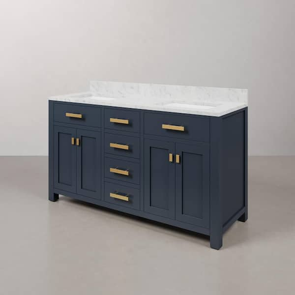 Madison 60 in. W x 21.5 in. D x 34 in. H Double Sink Bath Vanity in Monarch Blue with Carrara White Marble Top