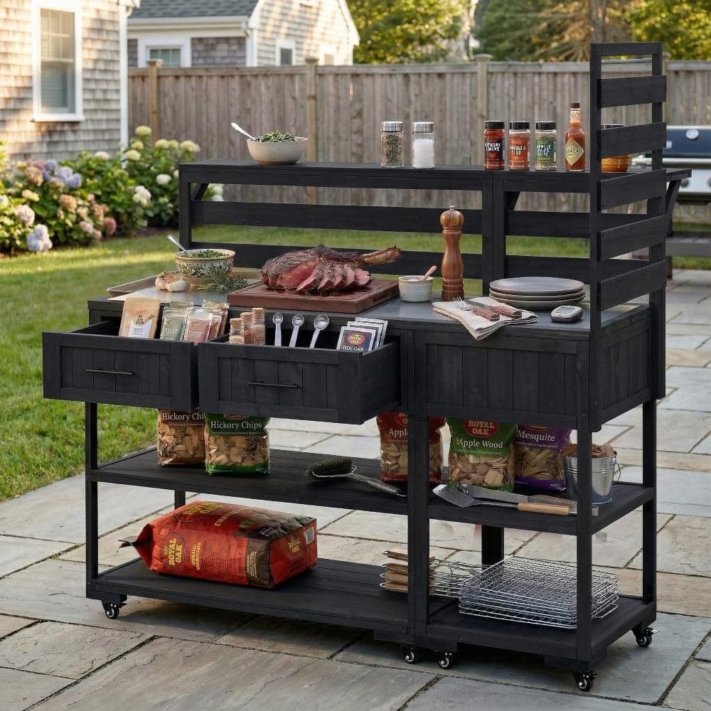 Black 62.3 in. W Outdoor Patio Kitchen Grill Cart with Stainless Table Top, Raised Shelf and Drawers price history on PriceWatchPro