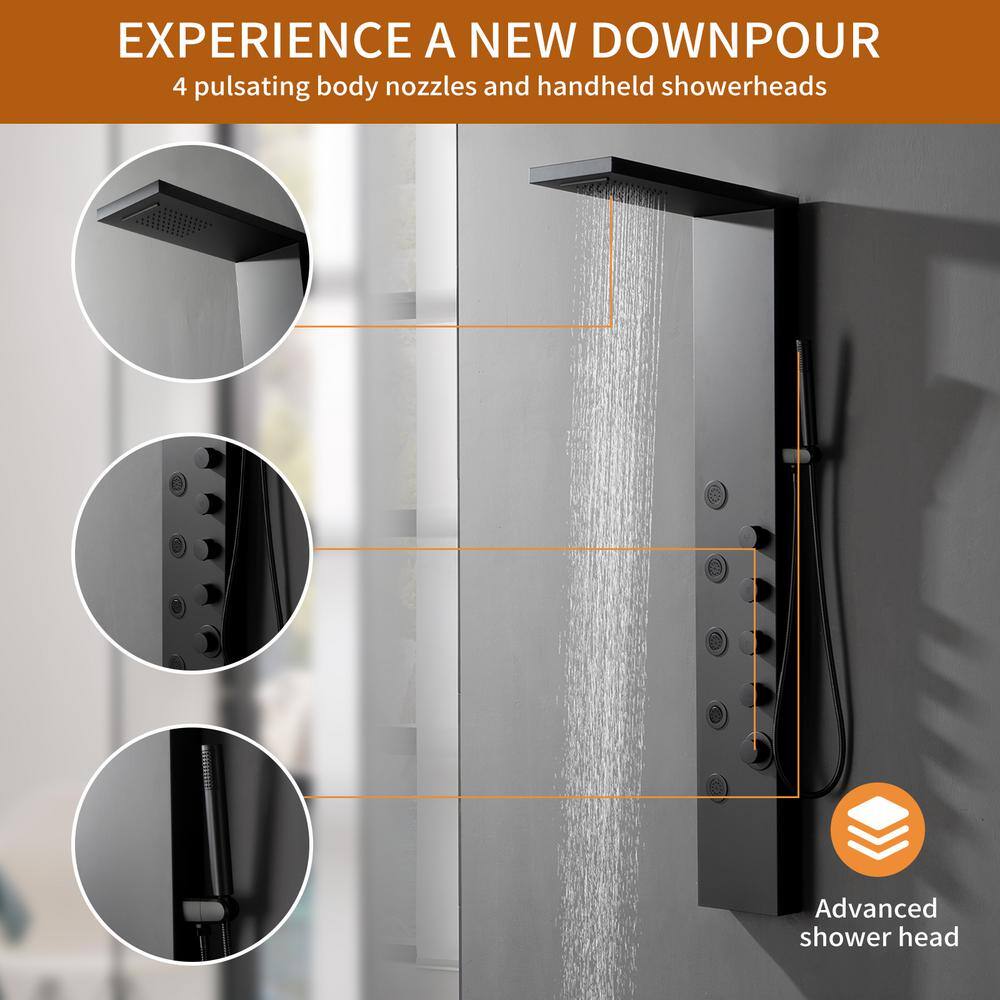 Matte Black 52'' Shower Panel System with Rainfall and Waterfall Shower Head