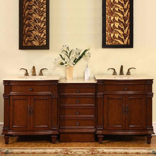 Silkroad Exclusive 80-in Cherry Double Sink Bathroom Vanity with Crema Marfil Natural Marble Top