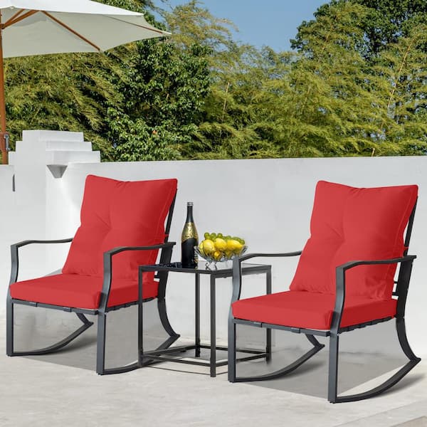 Cesicia Black Metal Outdoor Rocking Chair with Red Cushions and Coffee Table (3-Pack)
