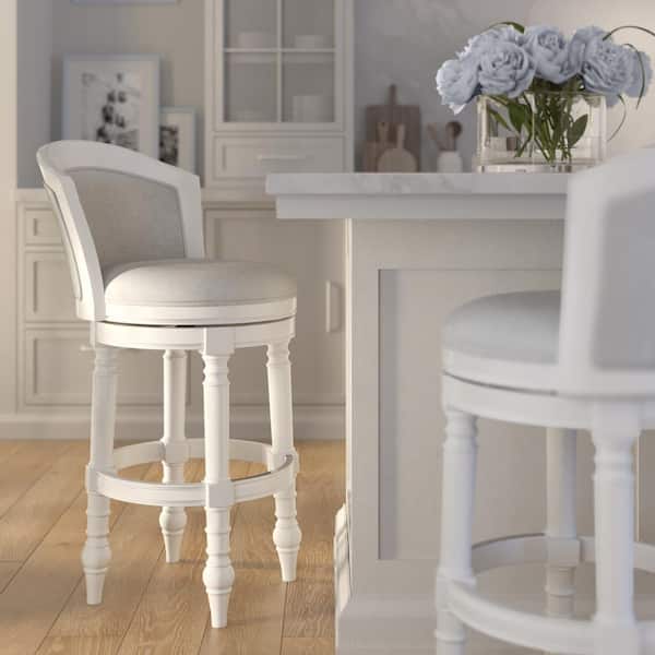 Emily 31 in. White Wood Barrel-Back Swivel Bar Stool with Grey Upholstered Seat and Back