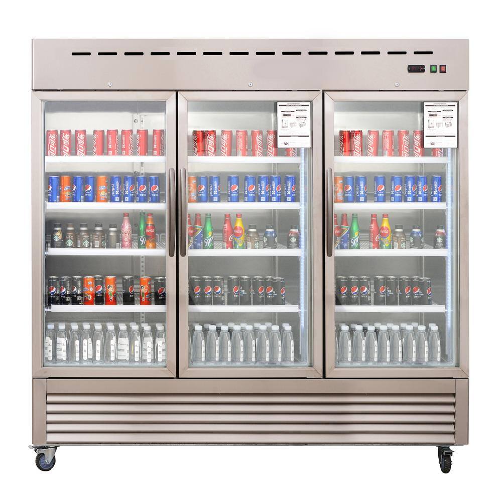 82 in. W. 72 cu. ft. Commercial Refrigerator 3-Glass Door Electronic Control System with Stainless Steel