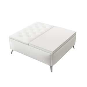 35 inch Wide Square Storage Benches, Coffee Table with Lift Top Oversized Storage Ottoman in Upholstered in White