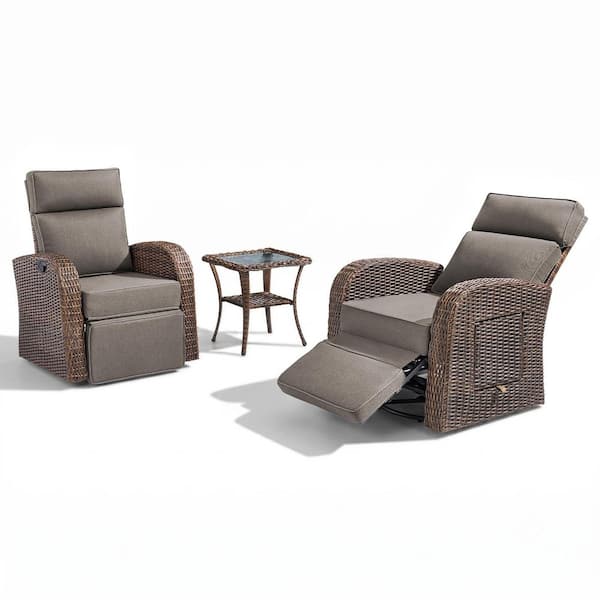 3-Piece PE Rattan Wicker Swivel Outdoor Recliner Lounge Chair Adjustable Backrest with Gray Cushions, Side Table