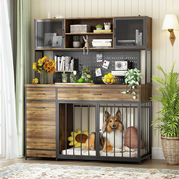 FUFU&GAGA Large Dog Crate Furniture with Storage, Wooden Dog