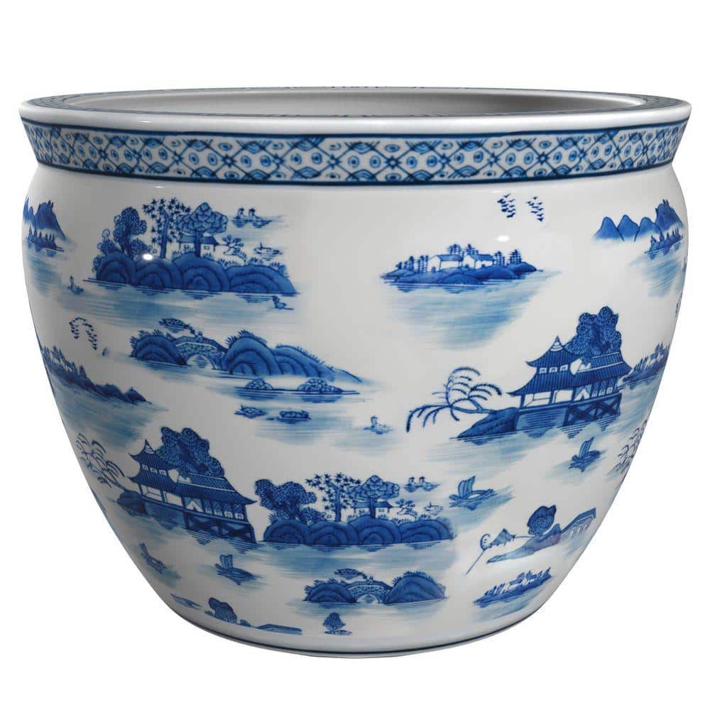 Red Lantern 18 in. Porcelain Fishbowl Blue and White Landscape BW