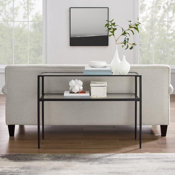 CROSLEY FURNITURE Ashton 42 in. Matte Black/Clear Standard Rectangle Glass Console Table with Storage